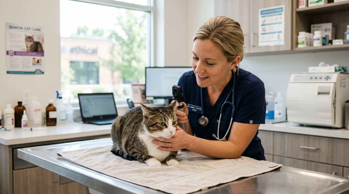 Veterinarian gently examining a nervous cat in a bright clinic