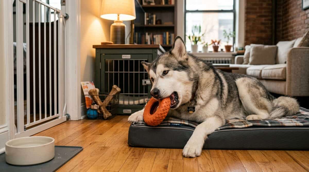 Strong chewer dog with chew toys in apartment