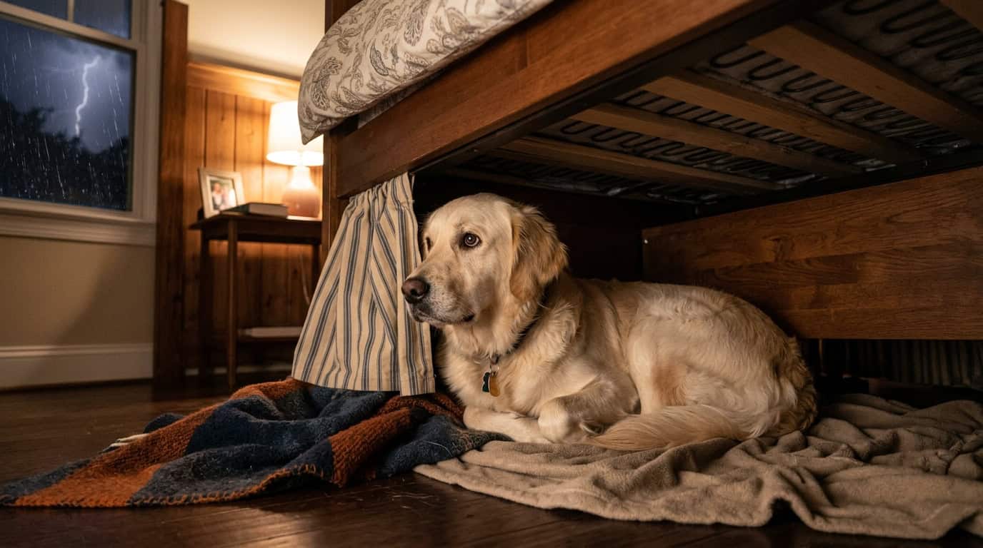 Anxious dog hiding during a thunderstorm