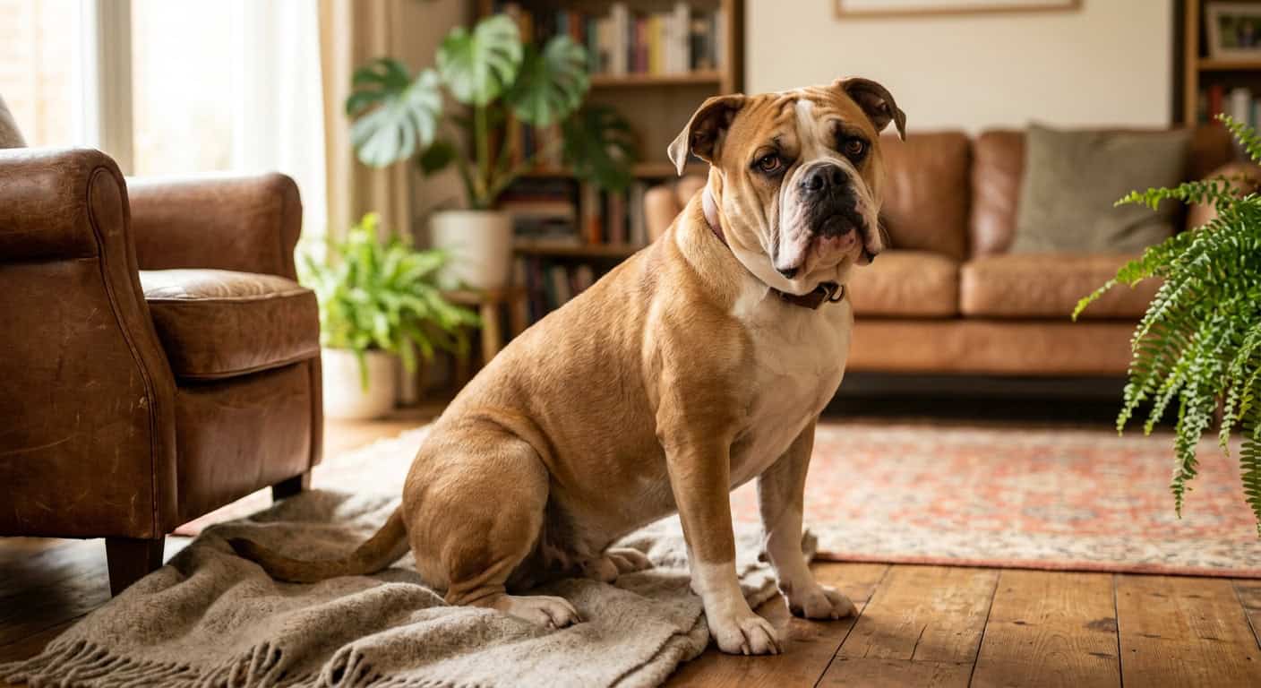 A american bulldog in a cozy apartment setting