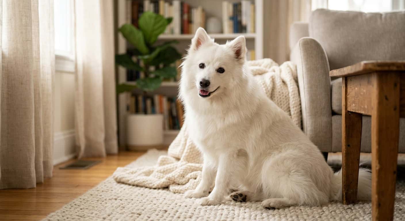 A american eskimo dog in a cozy apartment setting