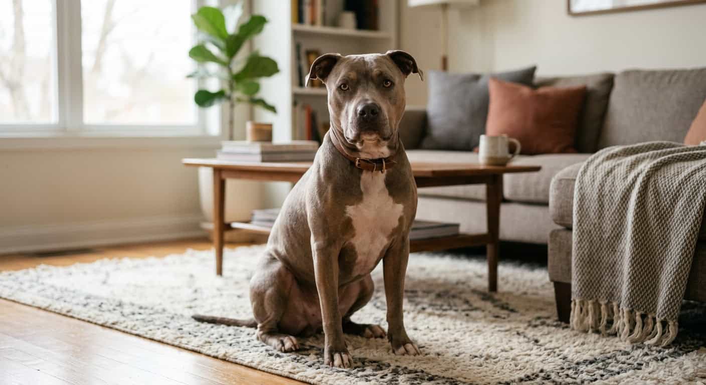 A american pit bull terrier in a cozy apartment setting