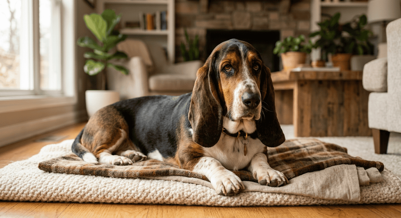 A basset hound in a cozy apartment setting