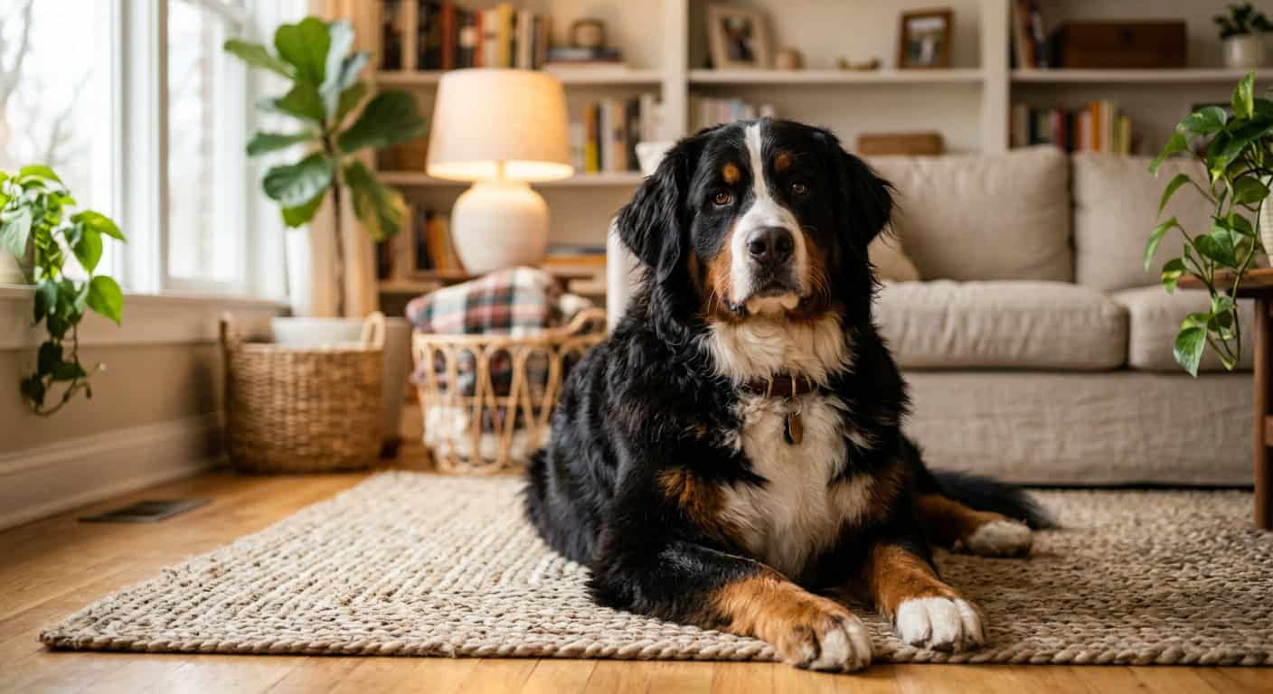 A bernese mountain dog in a cozy apartment setting