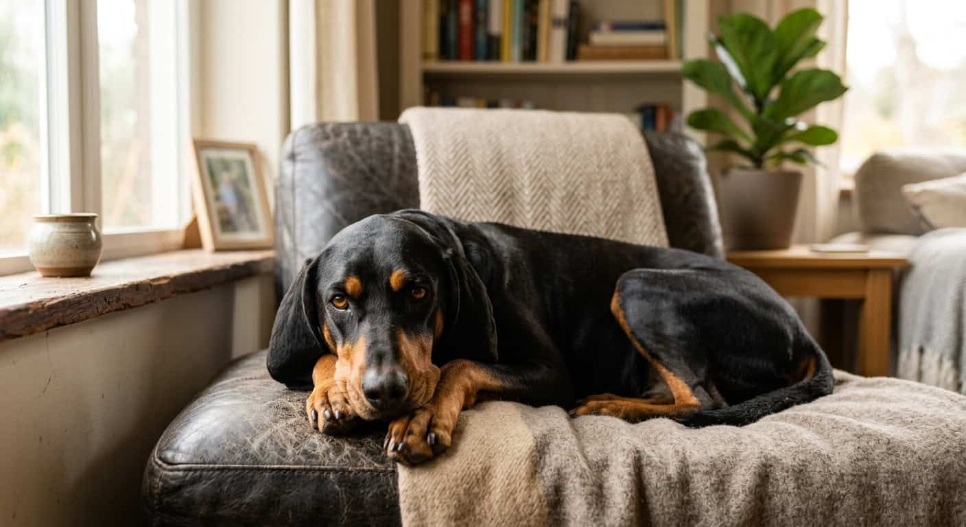 A black and tan coonhound in a cozy apartment setting