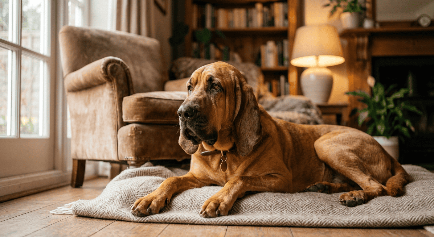 A bloodhound in a cozy apartment setting