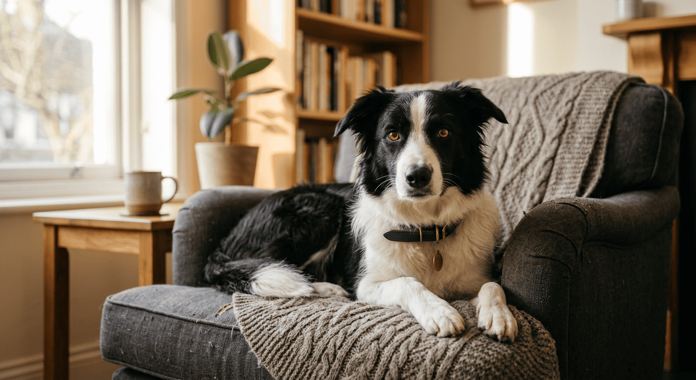 A border collie in a cozy apartment setting