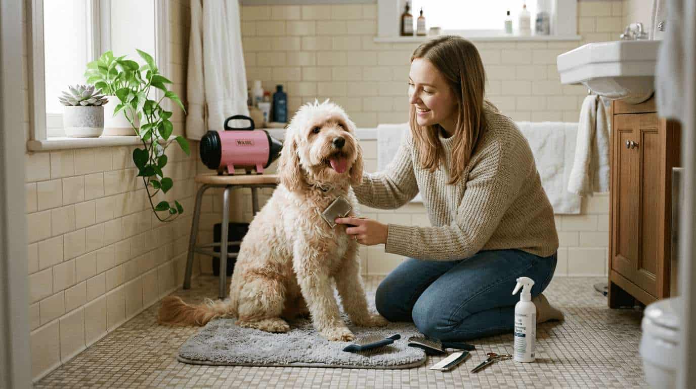 at-home dog cat grooming guide — owner grooming fluffy dog in bathroom with professional tools