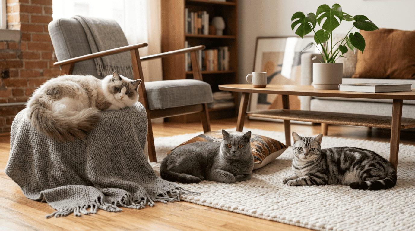 A Ragdoll, British Shorthair, and American Shorthair cat lounging in a cozy modern apartment