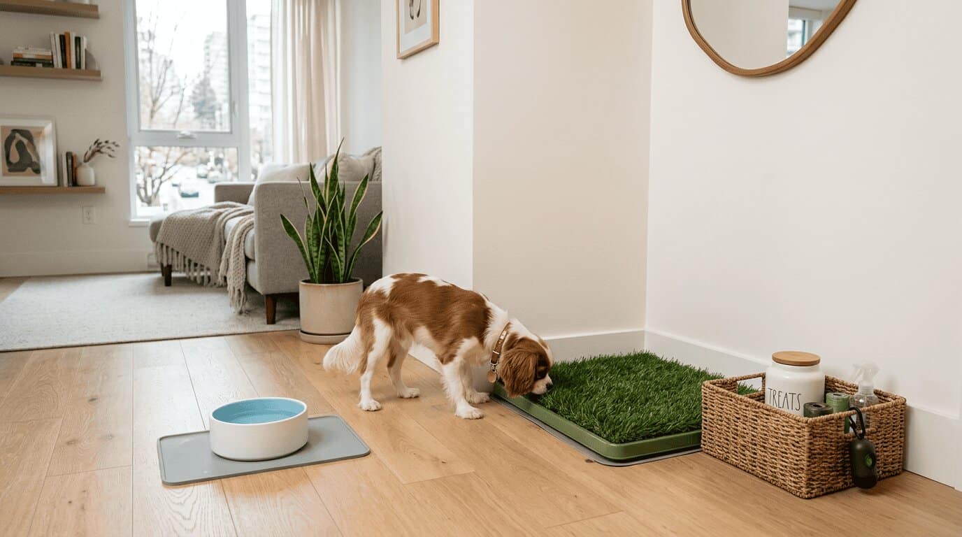 Clean indoor dog potty area with grass pad in an apartment corner