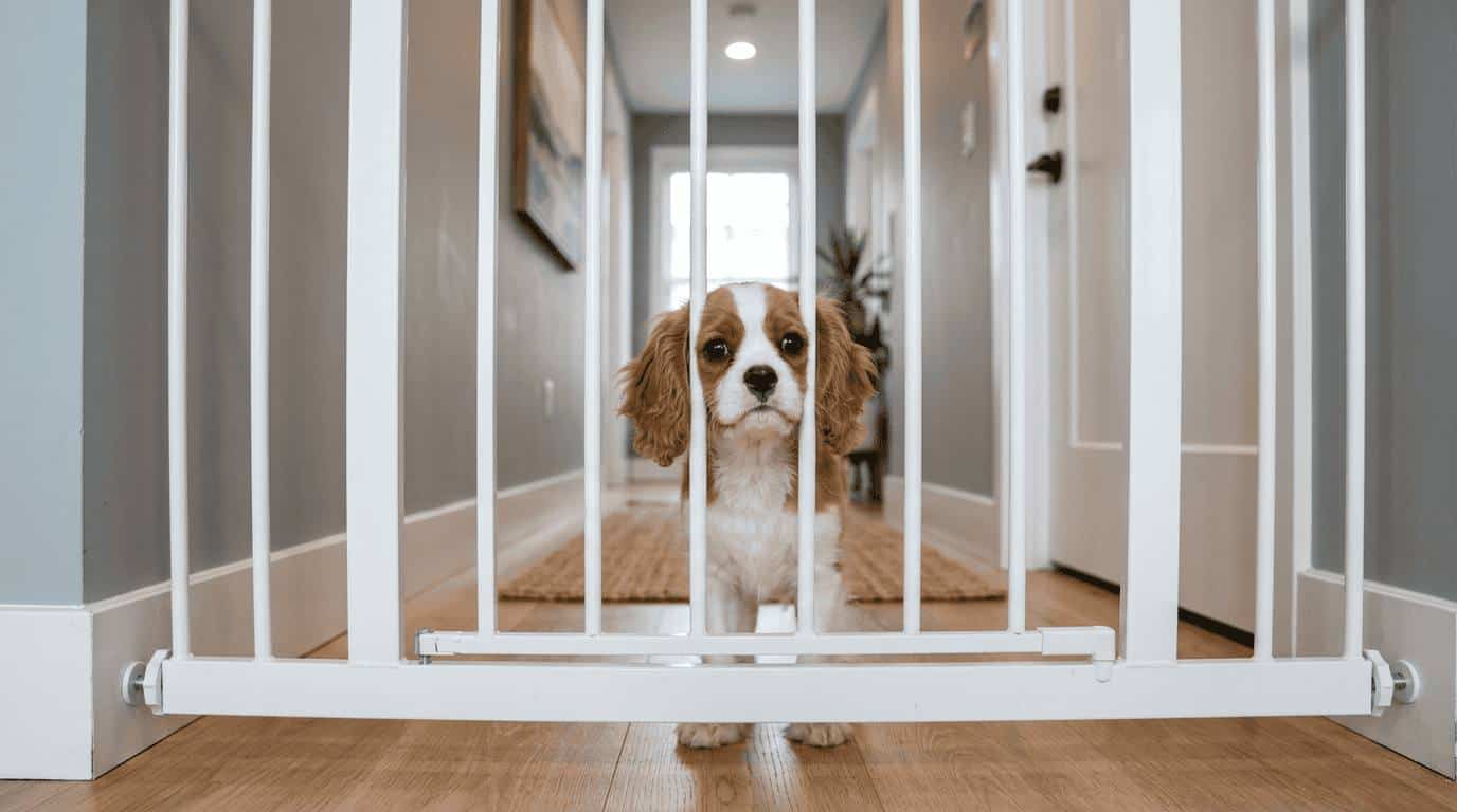 Puppy looking through a baby gate in a home hallway