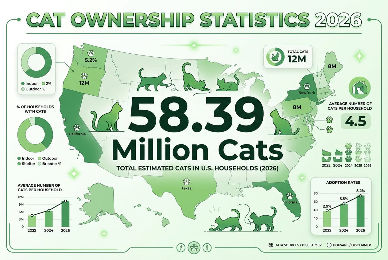 Cat ownership statistics 2026 infographic showing 58.39 million cats in U.S. households