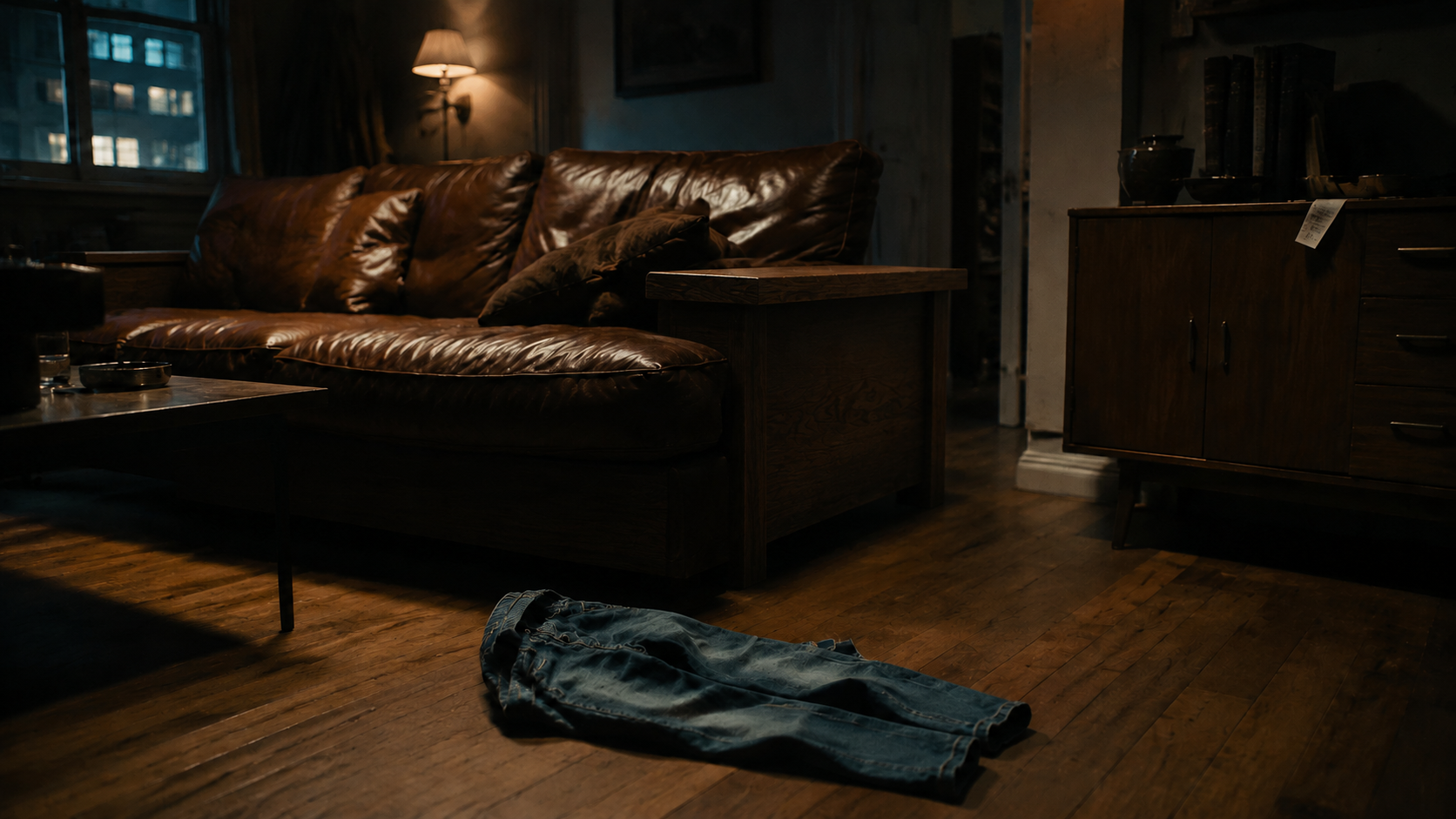 Bracciolo in legno di un divano di pelle al buio, jeans sul pavimento e uno scontrino sulla credenza — racconto erotico sottomissione