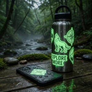 ตัวอย่างการติดสติกเกอร์เรืองแสง (Glow in the Dark) บนแก้วน้ำและเคสมือถือ แสดงเทคนิคการเว้นขอบขาวเพื่อให้เรืองแสงได้สวยงามและชัดเจนที่สุด