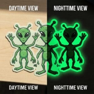 สติกเกอร์เรืองแสง (Glow in the Dark) พิมพ์ลายตามสั่ง ไดคัทคมชัด เกรดพรีเมียม สำหรับติดสินค้าและของตกแต่ง