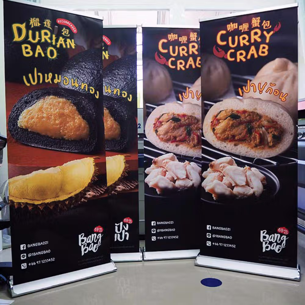 ป้ายโรลอัพฐานหยดน้ำ 80x200 ซม. สำหรับเทศกาลอาหารและออกบูธขายของ ดีไซน์หรูหรา วางมั่นคงในพื้นที่คนพลุกพล่าน พิมพ์สีสดภาพอาหารดูน่ากิน