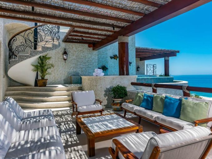 Penthouse 6501 – Luxury Oceanview Residence At Las Ventanas Al Paraíso, Los Cabos – Homes For Sale In Cabo Del Sol Spacious Oceanfront Terrace At Las Ventanas Al Paraíso Penthouse 6501 Featuring Elegant Lounge Furniture, Spiral Staircase, Shaded Pergola, And Stunning Sea Of Cortez Views.