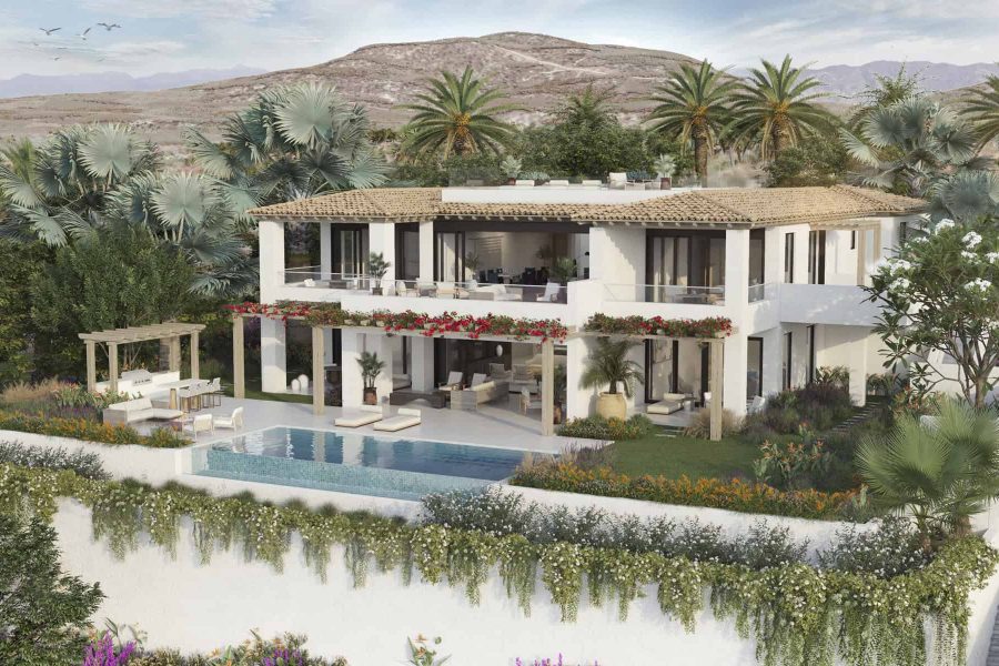 Luxurious White Villa With A Modern Design, Overlooking Palm Trees And Mountains, Featuring A Private Pool, Outdoor Seating, And Lush Tropical Landscaping In Cabo Del Sol, Mexico.