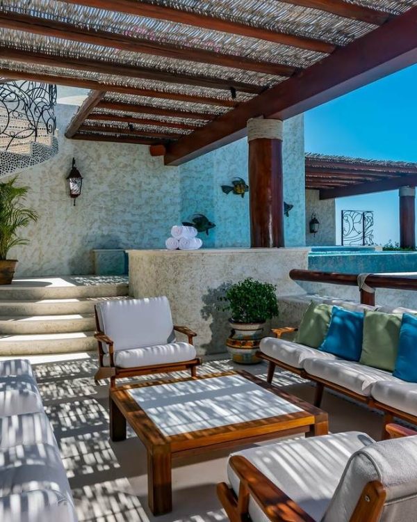 Spacious Oceanfront Terrace At Las Ventanas Al Paraíso Penthouse 6501 Featuring Elegant Lounge Furniture, Spiral Staircase, Shaded Pergola, And Stunning Sea Of Cortez Views.