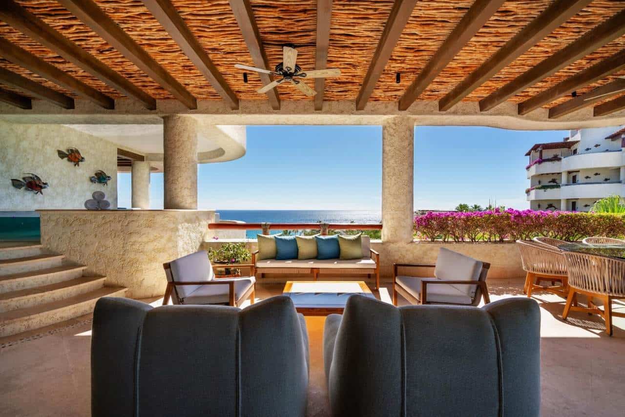 Stunning Outdoor Living Area With Panoramic Ocean Views At Cabo Real, Perfect For Relaxing And Entertaining In A Luxurious Cabo Real Property.