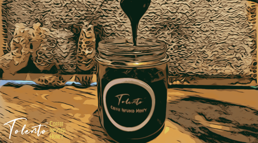 Rich coffee and honey blend in a jar on a rustic wooden table, surrounded by coffee beans and cacao nibs.