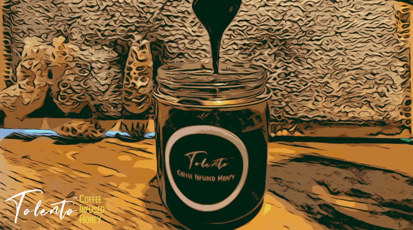Rich coffee and honey blend in a jar on a rustic wooden table, surrounded by coffee beans and cacao nibs.