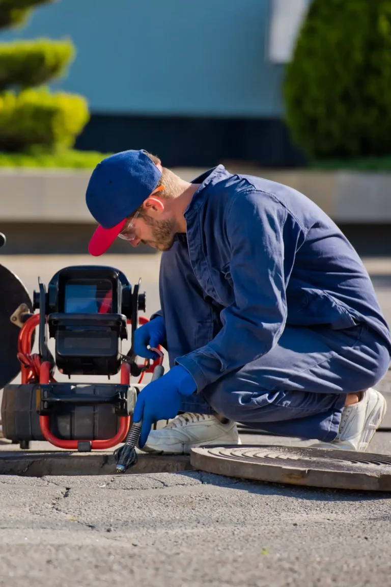 A worker in blue coveralls and gloves provides a Camera Inspection Service, operating a sewer inspection camera near an open manhole on a paved surface.