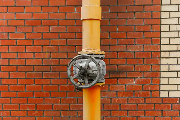 A yellow metal pipe, likely part of a gas line repair, with a large valve wheel is mounted vertically against a brick wall with red and beige bricks.