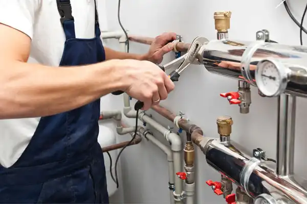 Person wearing overalls uses a wrench for general heating maintenance, adjusting valves on a network of metal pipes that include a pressure gauge and several red-handled shutoff valves.