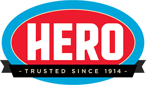 Logo with the word "HERO" in white on a red oval, outlined in blue, with a black banner below reading "TRUSTED SINCE 1914" in gold—highlighting Vogt Plumbing now Hero.