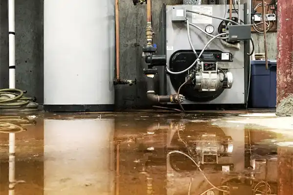 A flooded basement with standing water on the floor reflects a boiler, pipes, and a water heater along the wall, highlighting the urgent need for sump pump repair.