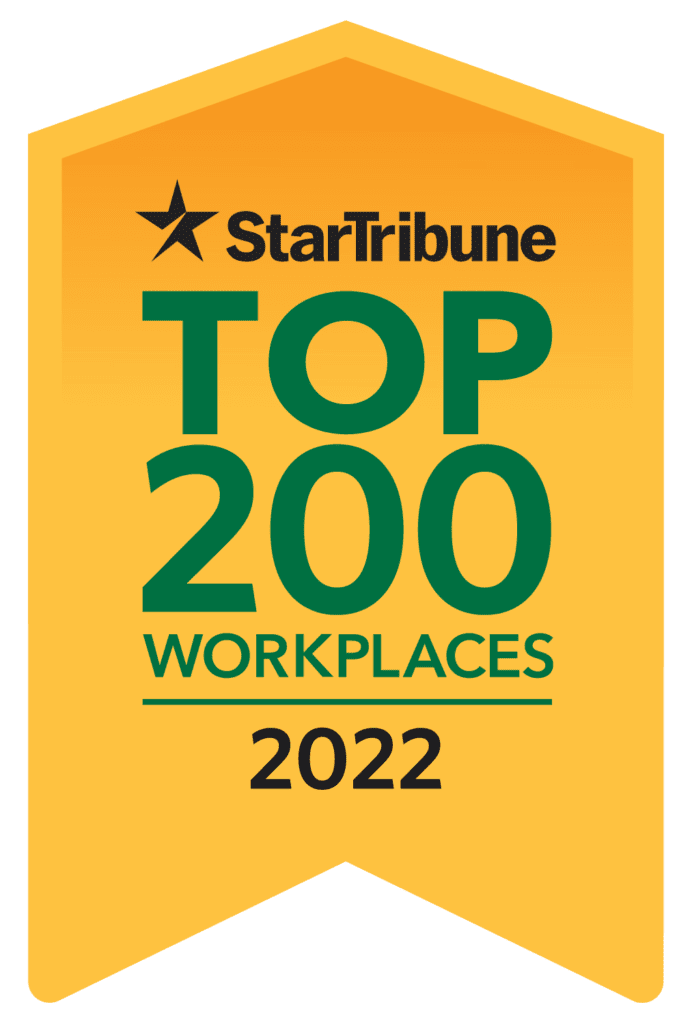 Yellow badge reads "Star Tribune Top 200 Workplaces 2022" in black and green text, with a star logo at the top—recognizing excellence in Twin Cities home services.