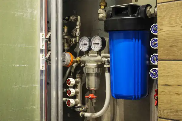 A home Water Filtration Installation featuring gauges, pipes, valves, and a large blue filter neatly arranged in a utility cabinet.