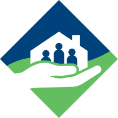 A stylized logo showing a white hand holding a house with three people inside, set against a blue and green diamond-shaped background.