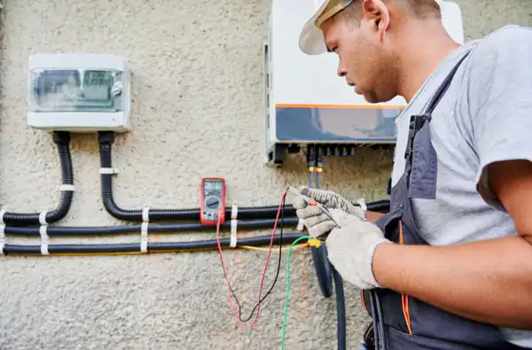 A technician wearing gloves tests electrical wiring on a wall using a multimeter, inspecting cable boxes and conduit lines during a home generator repair.