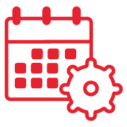 Red outline of a calendar with a gear symbol in front, representing scheduling or calendar settings—showcasing why choose us for streamlined appointments.