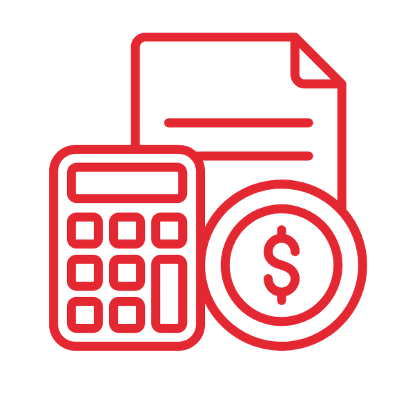 Red line drawing of a calculator, document, and dollar coin, symbolizing financial or accounting concepts—highlighting why choose us for your financial needs.