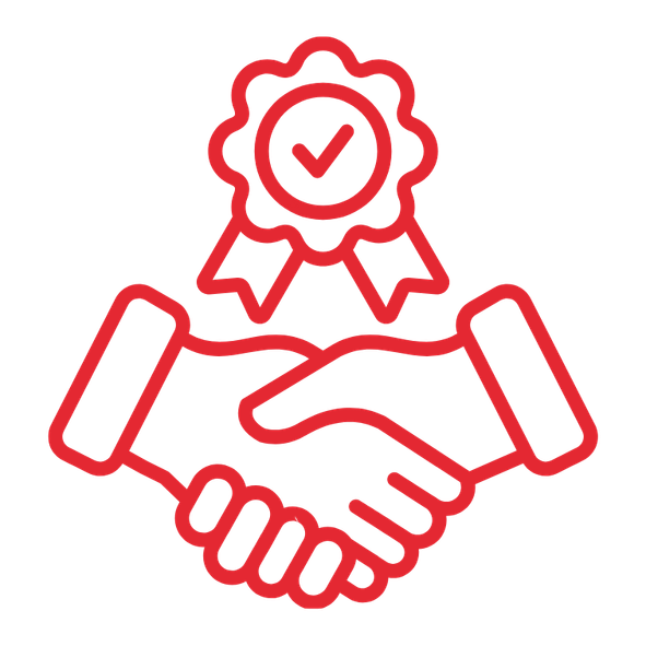 Red outline of two hands shaking with a ribbon and checkmark above them, symbolizing certified collaboration or partnership—an assurance to Choose Us for trust and reliability.
