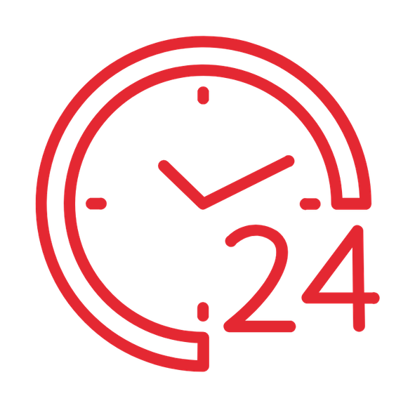 Red outline of a clock showing 10:10 with the number 24 beside it, highlighting our 24-hour service—choose us for reliable, around-the-clock support.