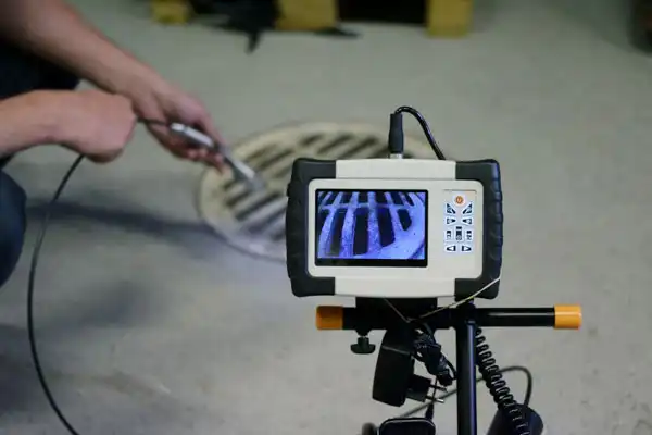 A person uses a camera inspection device to view inside a drain; the monitor displays the interior view of the drain grate.