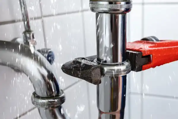 Water leaking from a metal pipe as a wrench is used to tighten a fitting, with splashes visible against a tiled background.