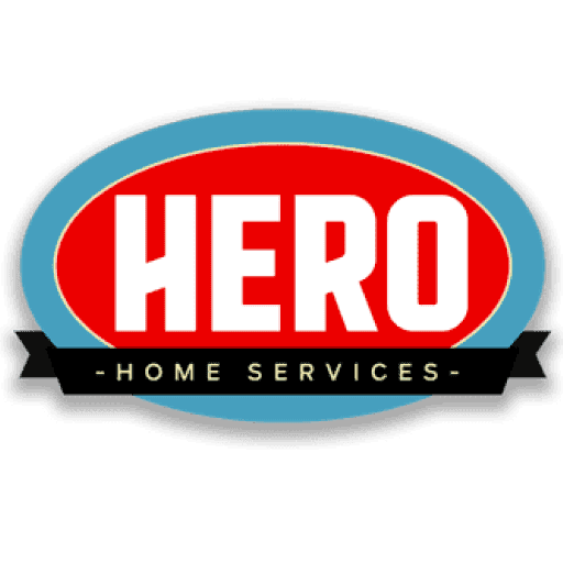 Logo for Hero Home Services with "HERO" in bold white letters on a red oval, outlined in blue and black, with "HOME SERVICES" in smaller text below.