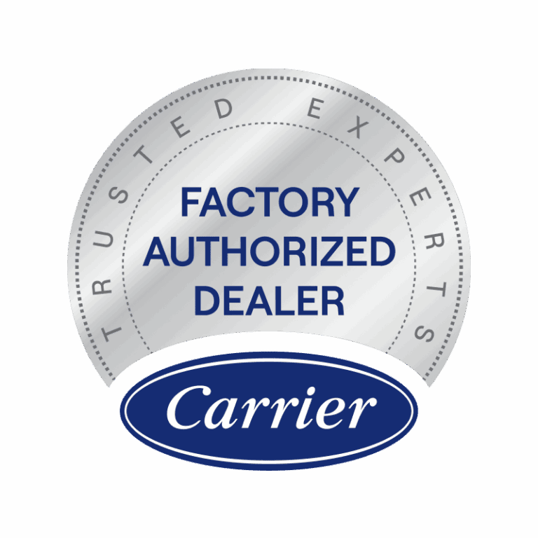 A silver badge with the text "Factory Authorized Dealer" in the center and "Trusted Experts" around the edge, featuring a blue Carrier logo at the bottom—perfect for trusted Twin Cities home services providers.