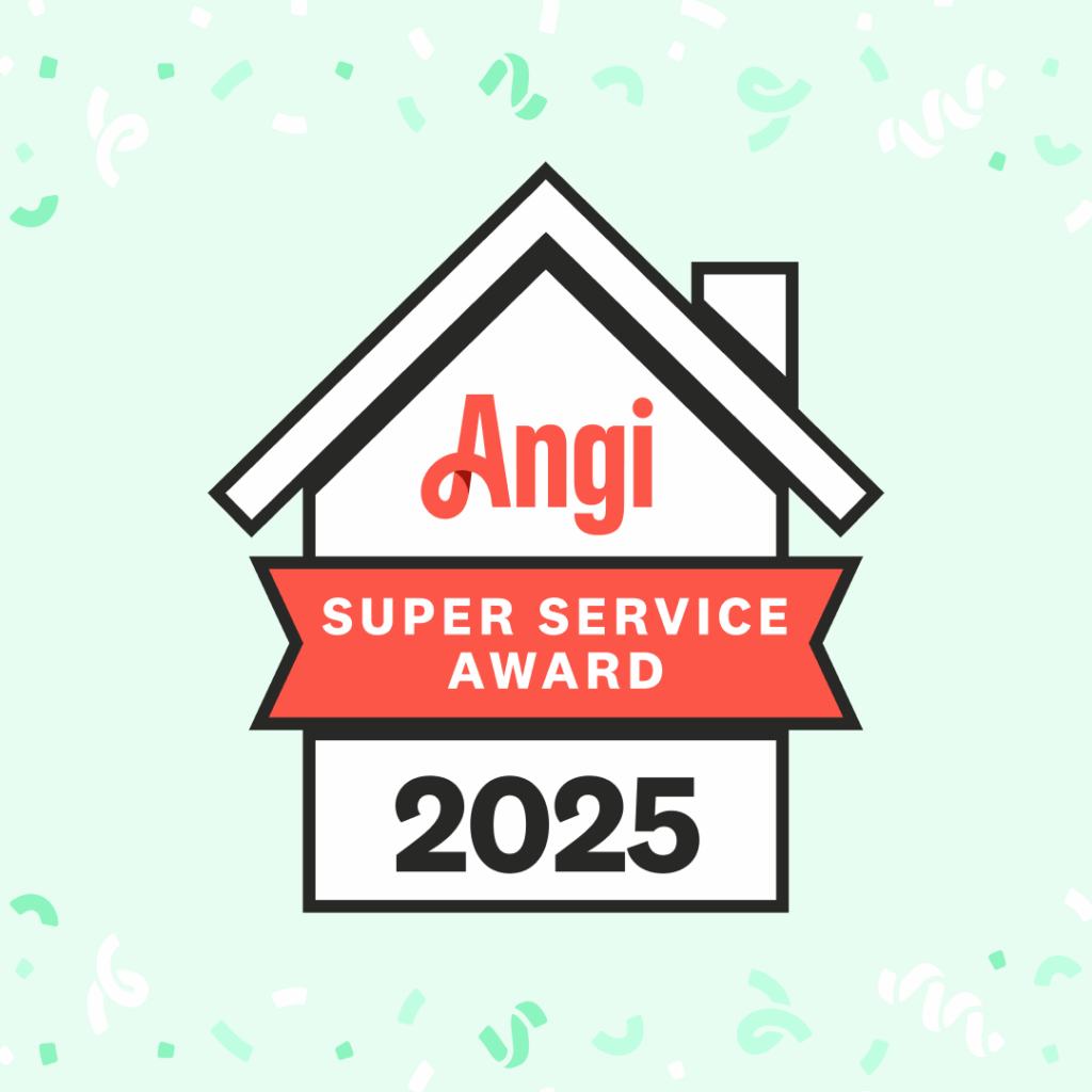 Angi Super Service Award 2025 graphic featuring a house outline with a red banner and scattered confetti on a light background.