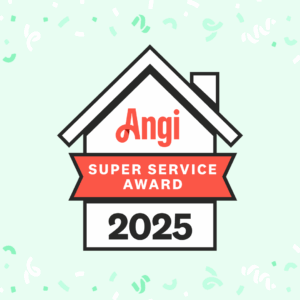 Angi Super Service Award 2025 graphic featuring a house outline with a red banner and scattered confetti on a light background.