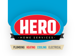 Logo for Hero Home Services with text: "PLUMBING," "HEATING," "COOLING," and "ELECTRICAL" below a red oval with "HERO" in bold white letters, highlighting their trusted Hero Maintenance Plan.