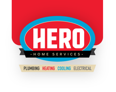 Logo for Hero Home Services with a red and blue oval, a banner listing plumbing, heating, cooling, and electrical services, and highlighting the Hero maintenance plan.
