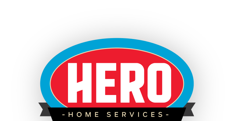 Logo with the word "HERO" in bold white letters on a red oval, outlined in blue, with "HOME SERVICES" and a nod to the Hero Maintenance Plan below on a black banner.