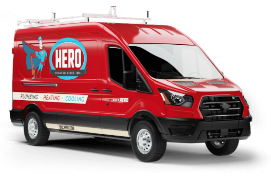 A red service van with "HERO" branding promotes plumbing, heating, cooling, and the Hero maintenance plan. The van features a roof rack and company contact details on the side.