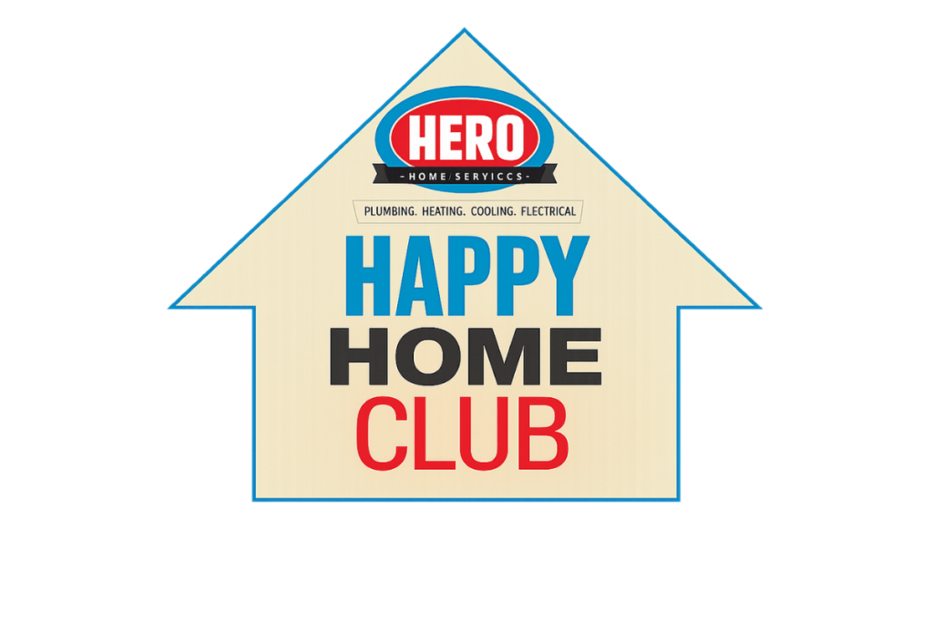 A house-shaped sign features the Hero Home Services logo and “Happy Home Club” in bold letters, highlighting plumbing, heating, cooling, and electrical—trusted Twin Cities home services for all your household needs.